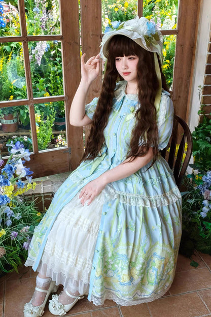 Blue/Green [Lily of the Valley Perfume] Pearl Candy Tea Doll Collar Short Sleeves Printed Lace Plus Size Sweet Lolita OP Dress