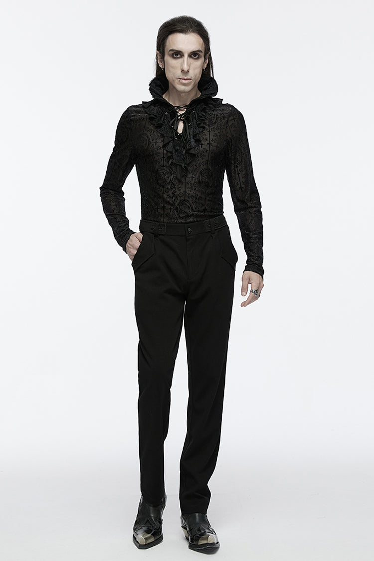Black Stand Collar Long Sleeves Print Ruffle Men's Gothic Blouse