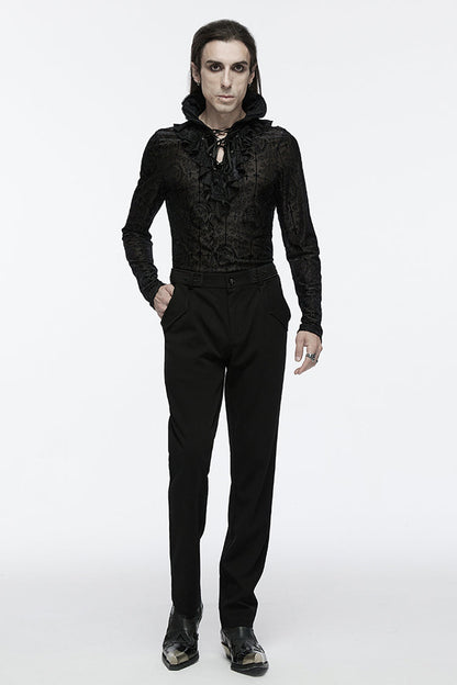 Black Stand Collar Long Sleeves Print Ruffle Men's Gothic Blouse
