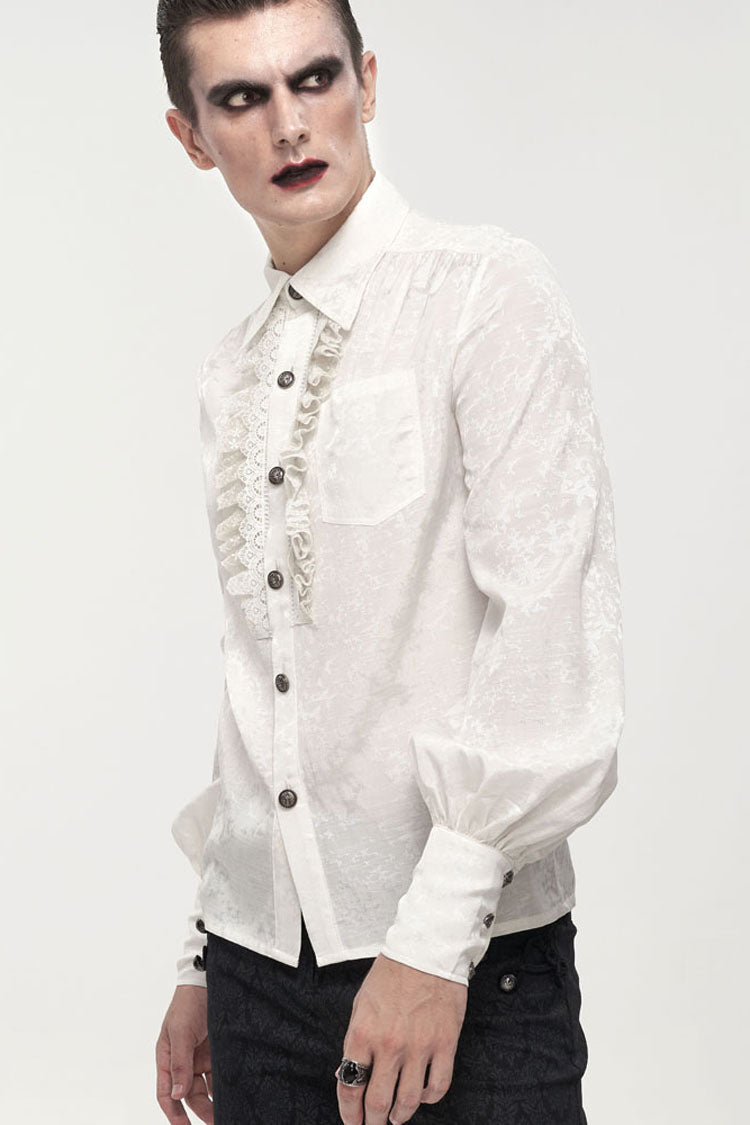White Gothic Metal Pattern Buckle Long Sleeve Pleated Lace Lantern Shape Printing Pattern Men's Shirt
