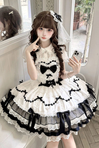 Black/White [Scarlet Heart Cocoa] Sleeveless Triple-Layered Ruffle Embroidery Bowknot Lace Sweet Lolita Jsk Dress