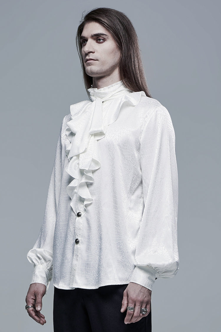 White Gothic Jacquard High Collar Front Chest Flounce Retro Metal Button Lantern Sleeve Men's Shirt