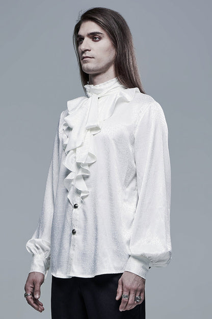 White Gothic Jacquard High Collar Front Chest Flounce Retro Metal Button Lantern Sleeve Men's Shirt