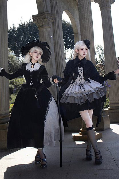 Black/Grey Witch Long Sleeves Gradient Multi-Layered Ruffle Bowknot Lace Gothic Chinese Style Lolita Dress