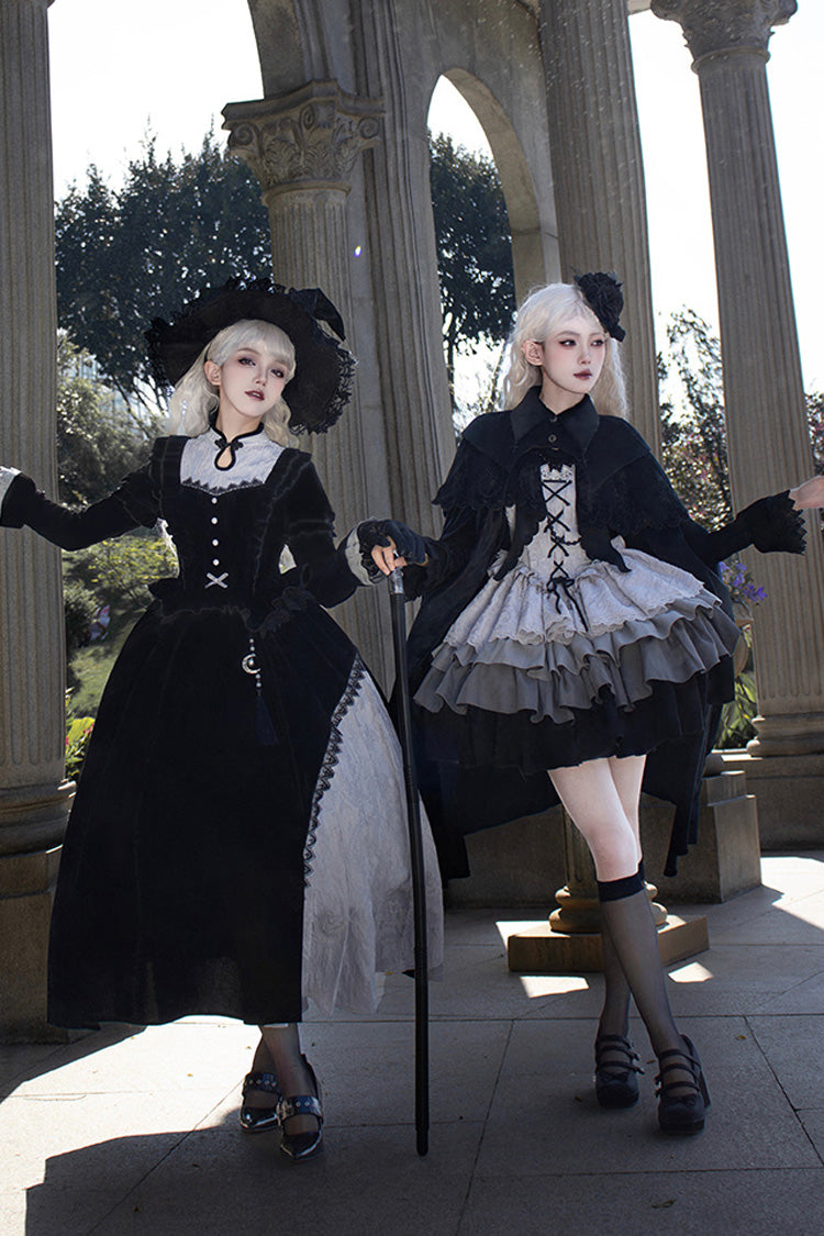 Black Witch Long Sleeves Ruffle Bowknot Stitching Lace Gothic Lolita Long Dress