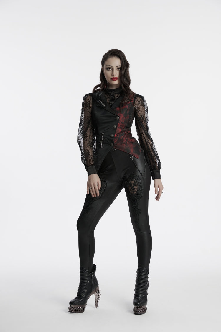 Black V Collar Sleeveless Embroidery Lace Asymmetric Women's Gothic Vest