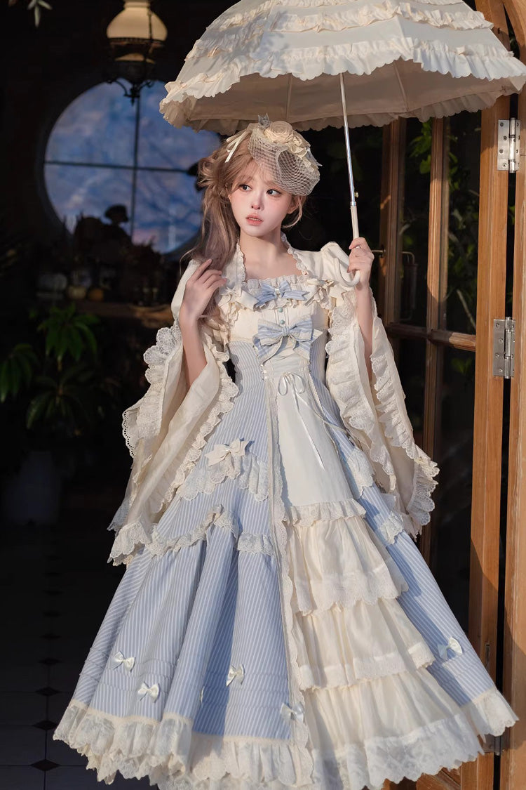 Blue [Letter Paper] Sleeveless Double-Layered Printed Ruffled Open-Front Bow Lace-Up Sweet Lolita Jsk Dress (Long Version)