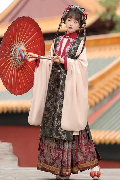 Black/Red Round Collar High Waisted Hot Stamping Embroidery Chinese Style Hanfu Dress Three Piece