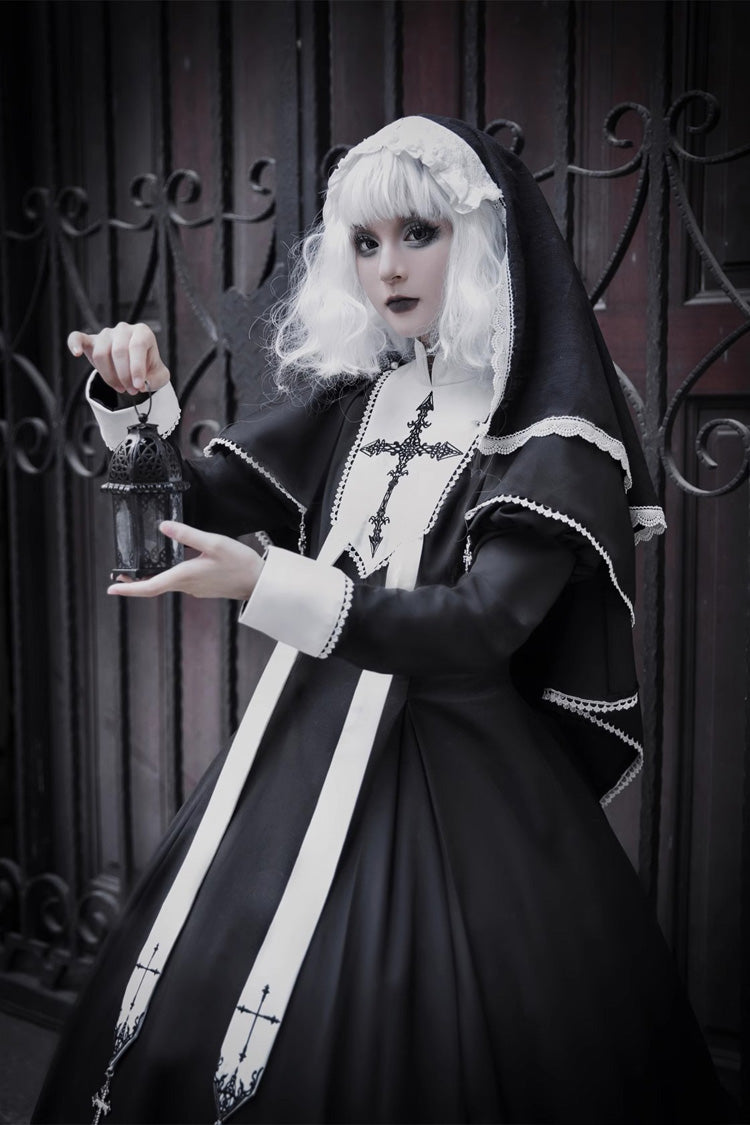 Black [Nun] Long Sleeves Print Stitching Lace Gothic Elegant Lolita Dress