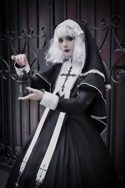 Black [Nun] Long Sleeves Print Stitching Lace Gothic Elegant Lolita Dress