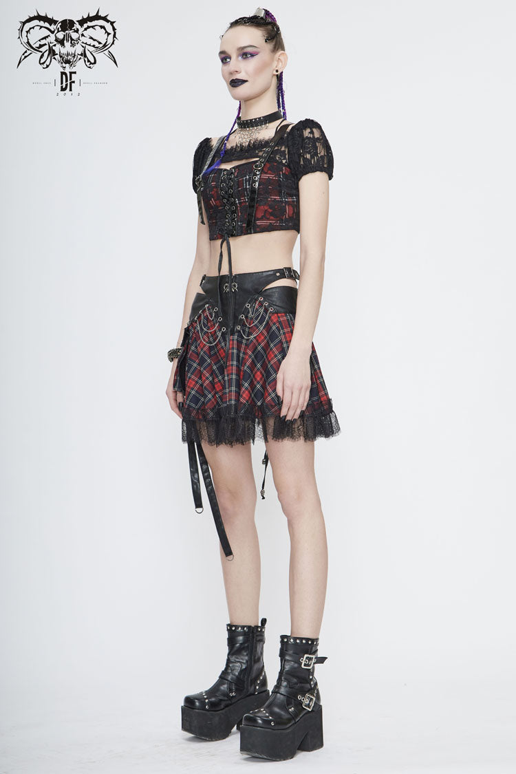 Black/Red Scottish Plaid Off Shoulder Bright Leather Straps Lace Up Lace Women's Punk T-Shirt