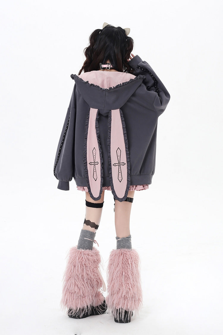 [Striped Bunny Ears] Long Sleeves Heart Print Embroidery Hooded Zipper Sweet Jirai Kei Cool Lolita Coat 2 Colors