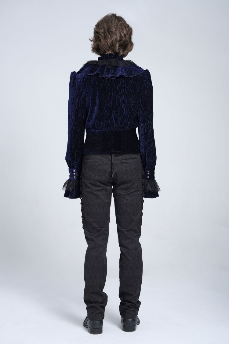 Blue V Collar Long Sleeves Ruffle Stitching Lace Men's Gothic Blouse