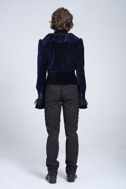 Blue V Collar Long Sleeves Ruffle Stitching Lace Men's Gothic Blouse