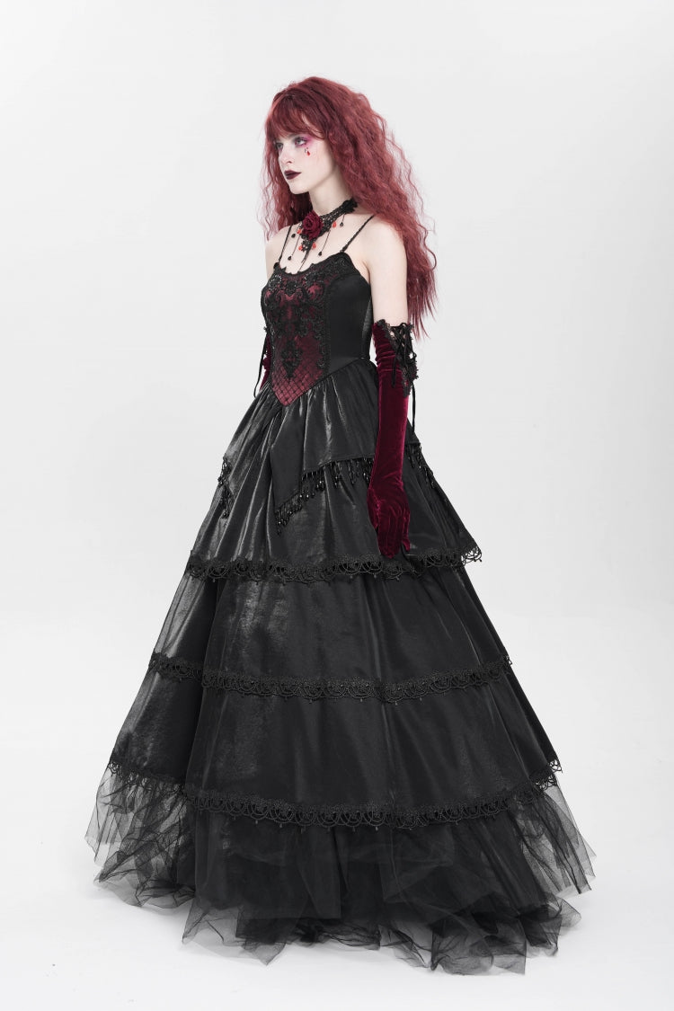Black Sleeveless Multi-Layered Embroidery Pearl Women's Gothic Slip Dress
