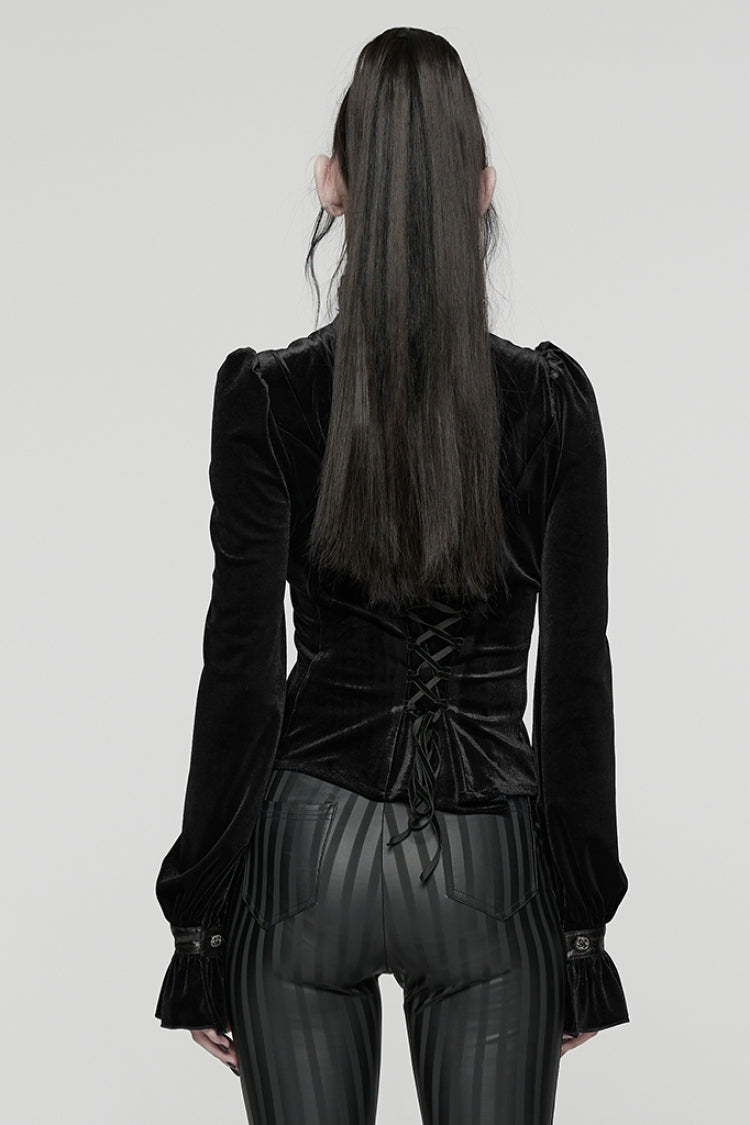 Black Stand Collar Long Puff Sleeves Stitching Lace-Up Women's Gothic Coat
