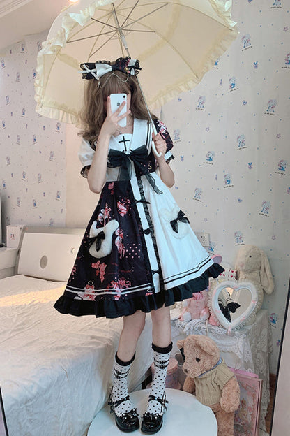 Black/White Navy Collar Short Sleeves Strawberry Bear Print Ruffled Hem Sweet Lolita Dress
