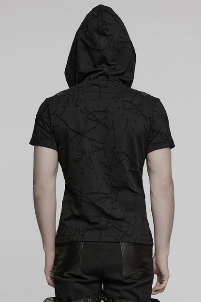 Black Short Sleeves Big-pocket Tie-dyed Hooded Men's Punk T-Shirt