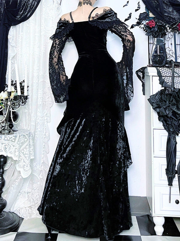 Off-Shoulder Lace Velvet Dress
