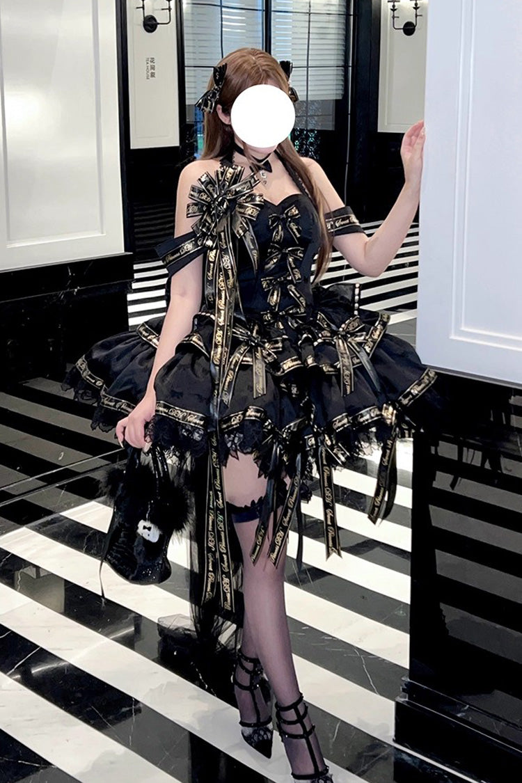 Black [Young Lady] Halterneck Sleeveless Multi-Layered Ruffle Bowknot Elegant Princess Gothic Lolita Dress