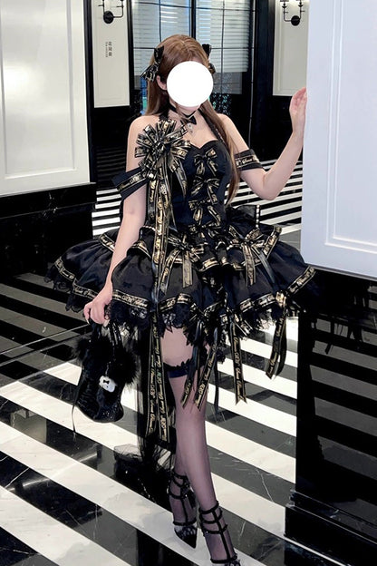 Black [Young Lady] Halterneck Sleeveless Multi-Layered Ruffle Bowknot Elegant Princess Gothic Lolita Dress