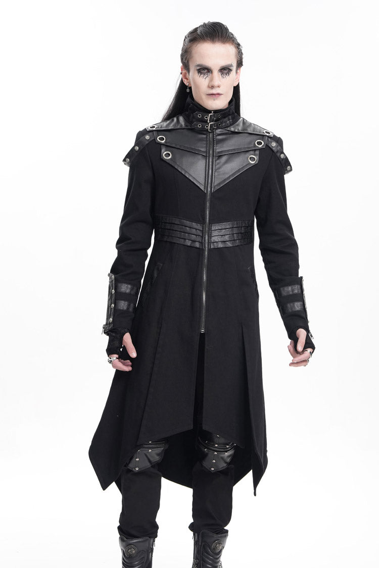 Black Stand Collar Eyelets Buckle-up Ring Long Sleeves Stitching Men's Gothic Coat