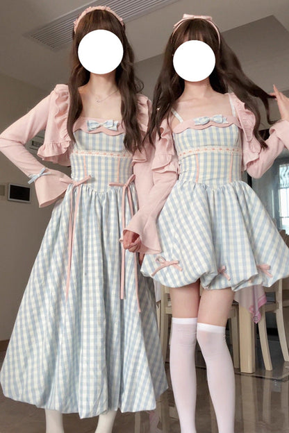 Blue [Sea Salt Strawberries] Sleeveless Plaid Print Bowknot Sweet Lolita Jsk Long Dress