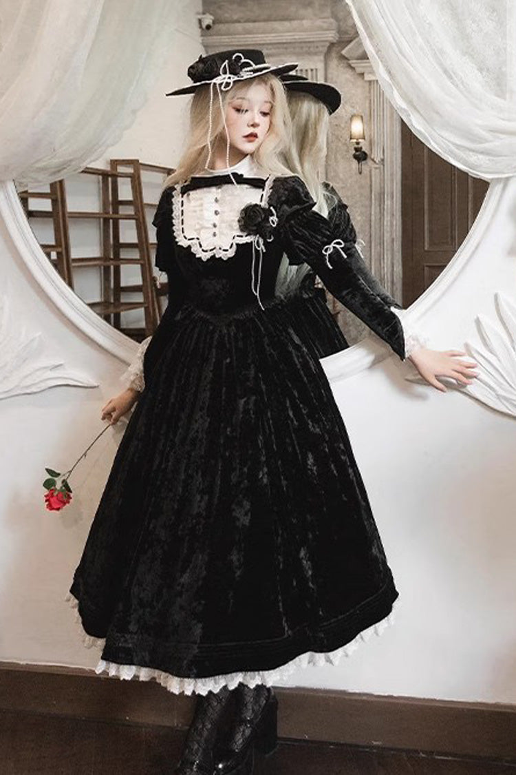 Black [Whispering Castle] Long Sleeves Ruffle Bowknot Lace Gothic Lolita Dress