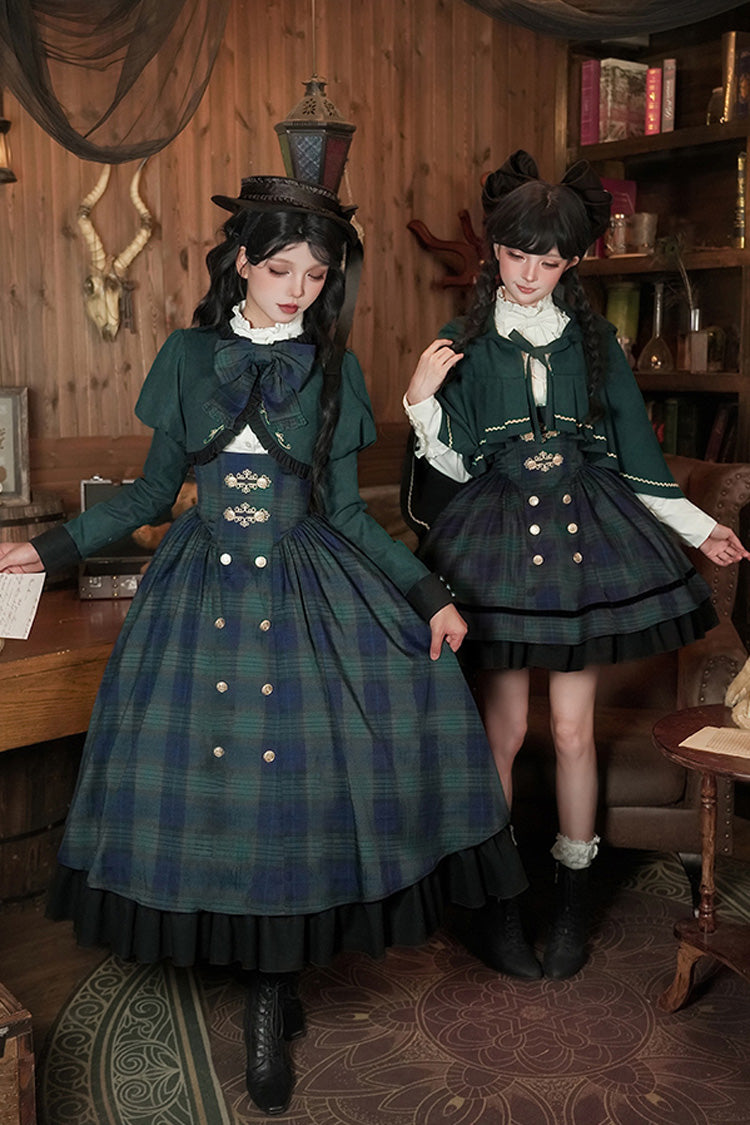Blue/Green [Berlin's letter] Double-Layered Plaid Print Ruffle Bowknot Classic College Style Lolita Strap Dress Set 2 Versions