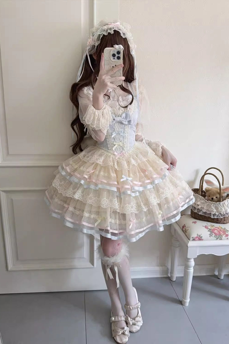 Blue [Butterfly Heart Ballet] Triple-Layered Ruffle Bowknot Lace Sweet Ballet Lolita Jsk Dress