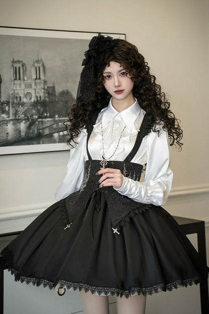 Black [Night of Thorns] Sleeveless Embroidery Lace-Up Gothic Lolita Strap Breast Support Dress 2 Versions