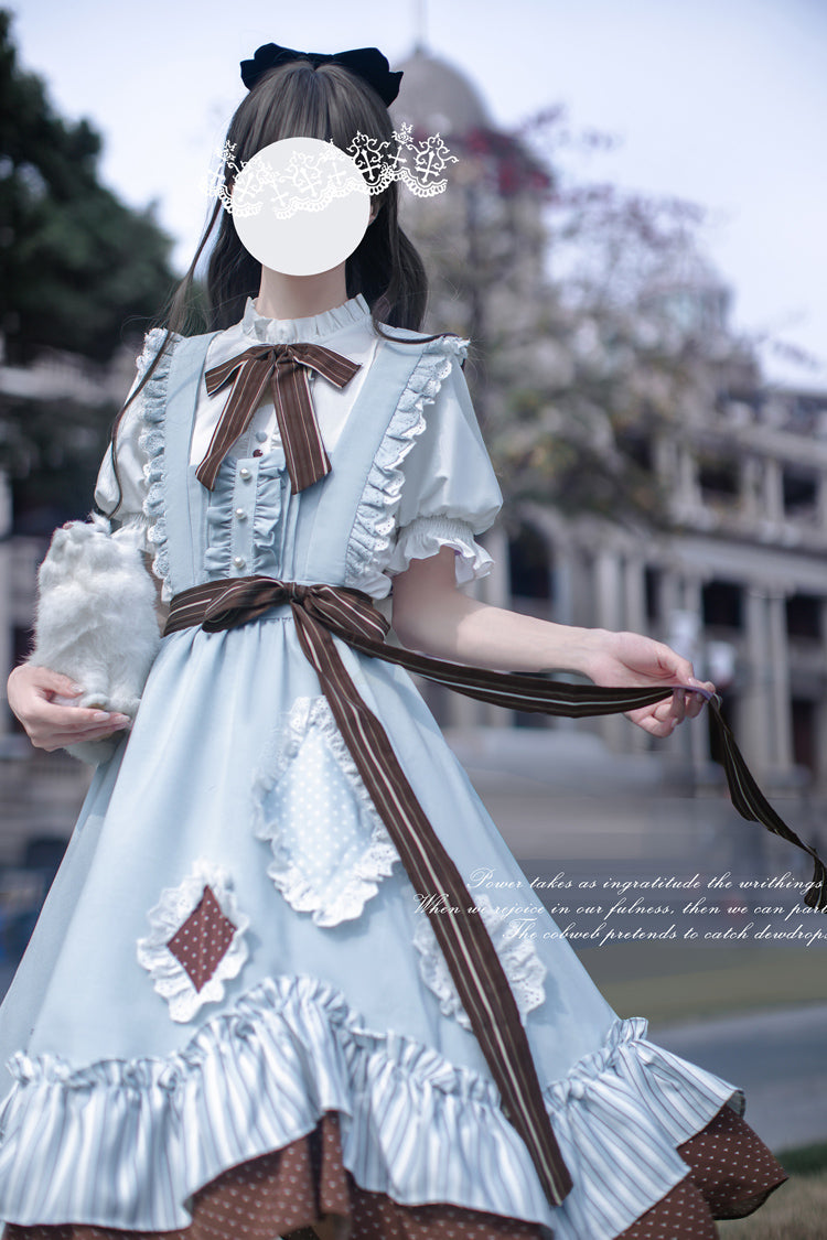 Blue [Magic Vocal Club] Sleeveless Print Ruffle Bowknot Sweet Alice College Style Elegant Lolita Jumper Dress