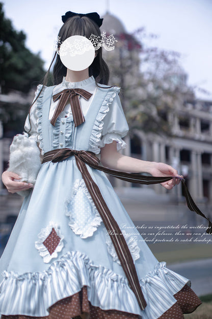 Blue [Magic Vocal Club] Sleeveless Print Ruffle Bowknot Sweet Alice College Style Elegant Lolita Jumper Dress