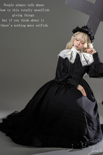 Black/White [Quiet Place] Long Sleeves Jacquard Ruffle Embroidery Bowknot Gothic Lolita Dress