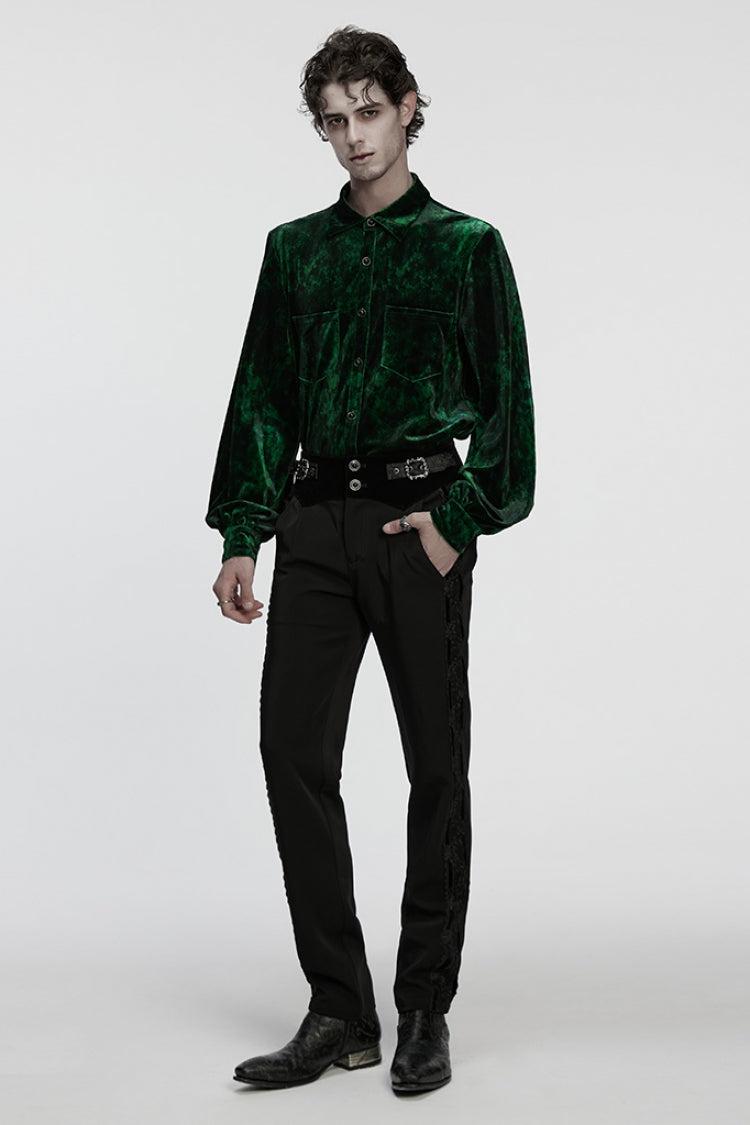Green Lapel Collar Long Puff Sleeves Men's Gothic Shirt