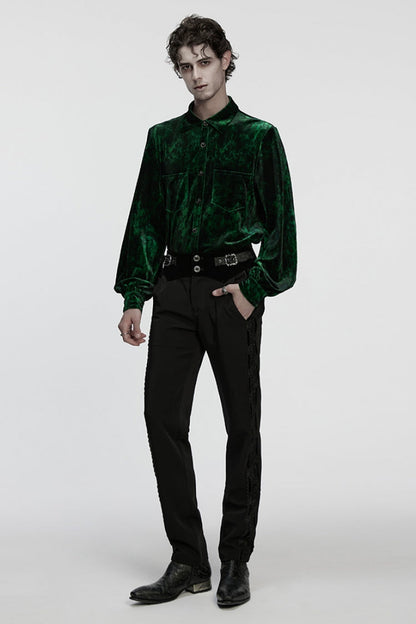 Green Lapel Collar Long Puff Sleeves Men's Gothic Shirt