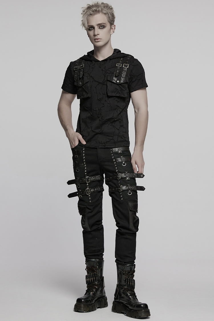Black Short Sleeves Big-pocket Tie-dyed Hooded Men's Punk T-Shirt