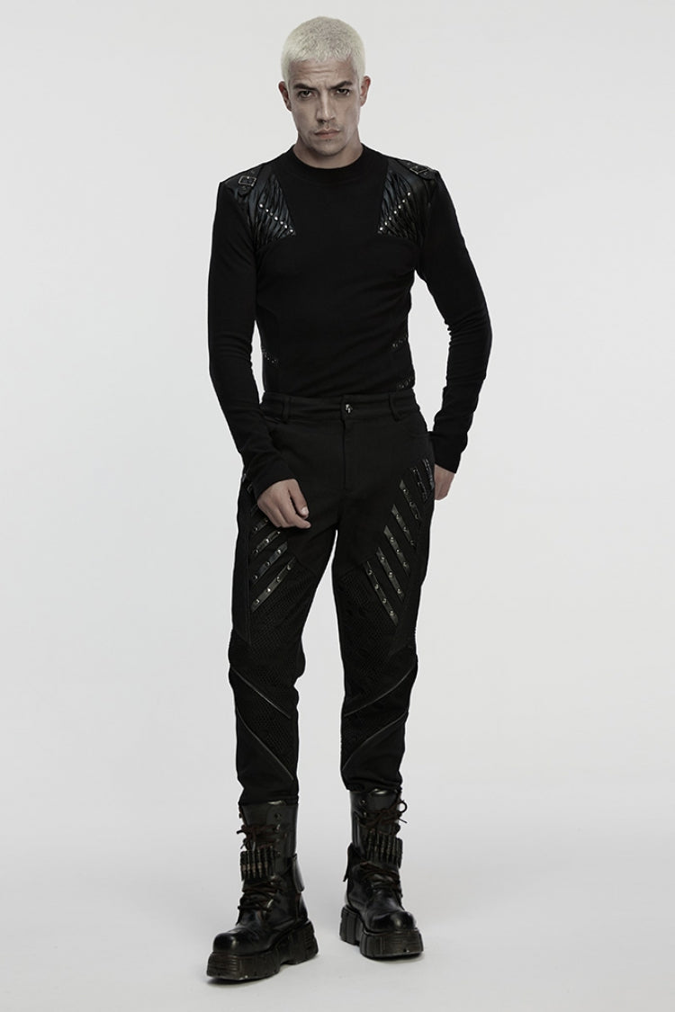 Black Round Collar Long Sleeves Buckled Strappy Pleated Eyelet Men's Punk Top