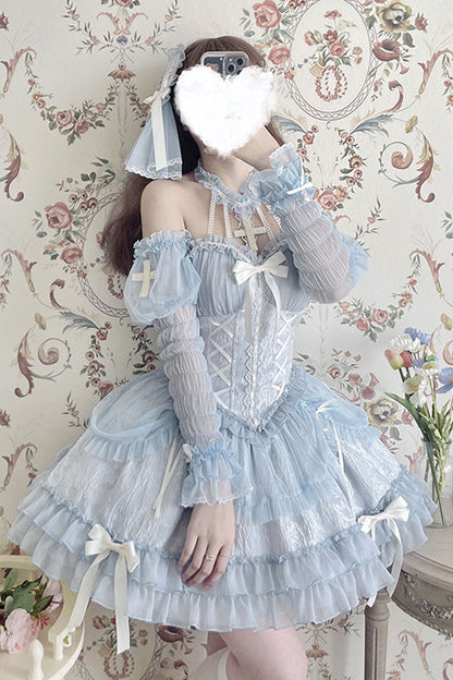 Blue Tube Top Sleeveless Blowknot Ruffled Sweet Lolita Tiered Dress