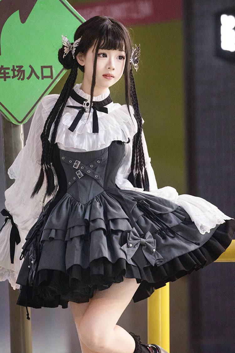 Black/Grey [Machinist] Sleeveless Multi-Layered Ruffle Bowknot Classic College Style Lolita Dress