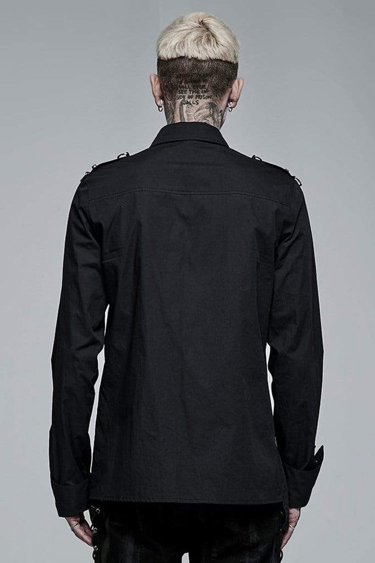 Black Punk Asymmetric Hem Personality Metal Buckle Decorative Soft Long Sleeve Men's Shirt