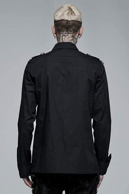 Black Punk Asymmetric Hem Personality Metal Buckle Decorative Soft Long Sleeve Men's Shirt