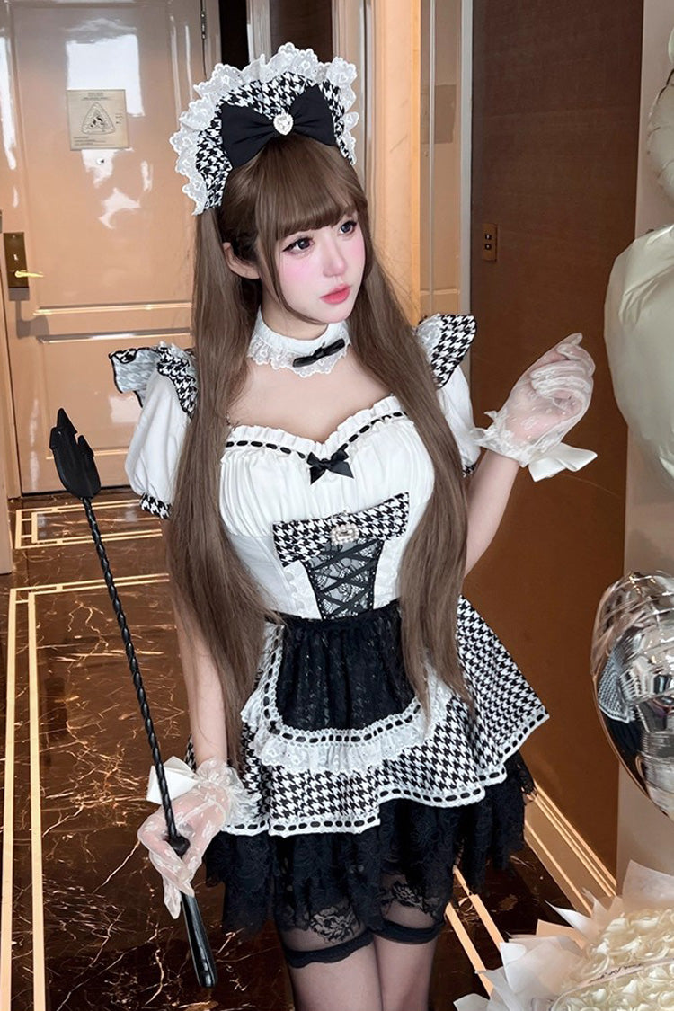 Black/White [Lovely Houndstooth] Square Collar Short Sleeves Print Ruffle Bowknot Lace Maid Sweet Lolita Dress