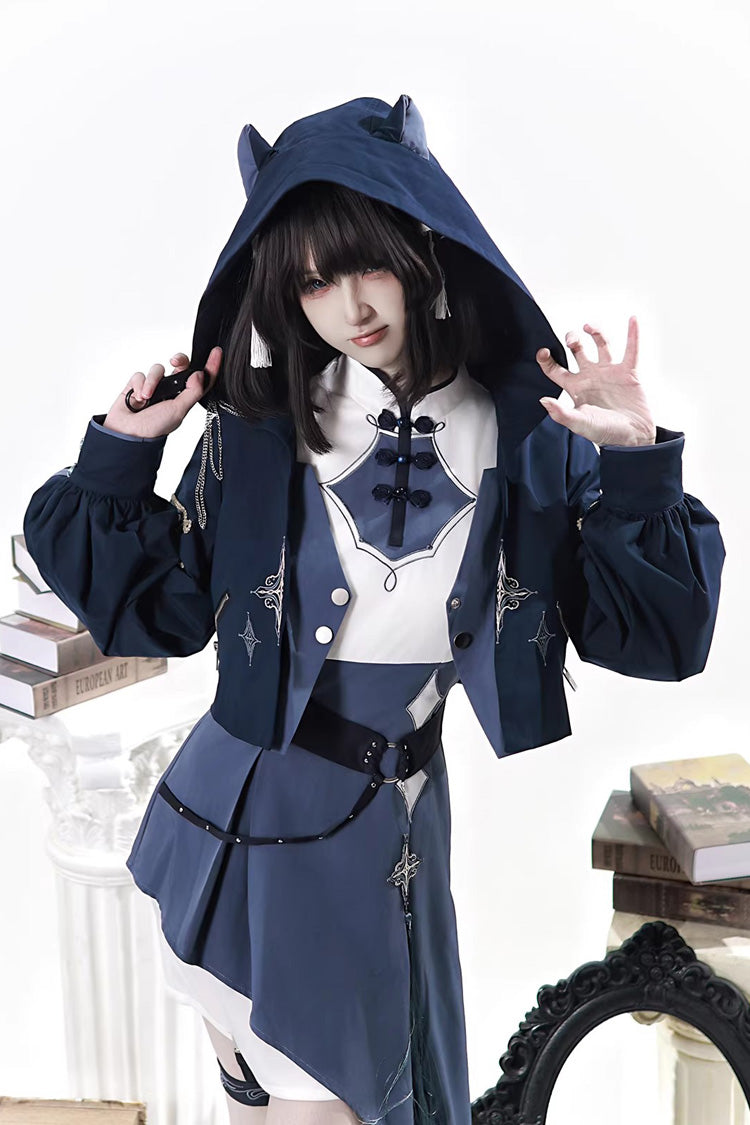 Blue [Indigo Shadow Journey] Stand Collar Long Sleeves Embroidered Hooded Asymmetric Punk Ouji Lolita Dress Four-Piece Set