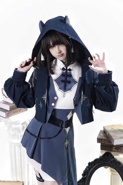 Blue [Indigo Shadow Journey] Stand Collar Long Sleeves Embroidered Hooded Asymmetric Punk Ouji Lolita Dress Four-Piece Set