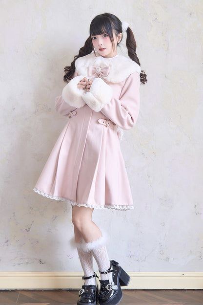 Sweet Plush Collar Waist-cinched Long Sleeves Bowknot Lace Japanese Lolita Coat 4 Colors