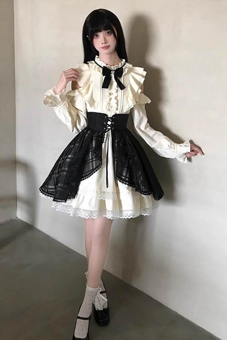Black/Beige [Dark Chocolate Champagne] Stand Collar Off Shoulder Long Sleeves Double-Layered Ruffled Sweet Japanese Lolita Dress