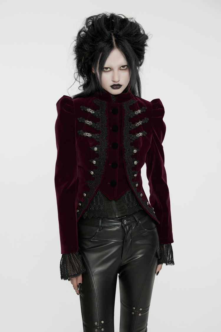 Red Stand Collar Long Sleeves Women's Gothic Swallowtail Coat