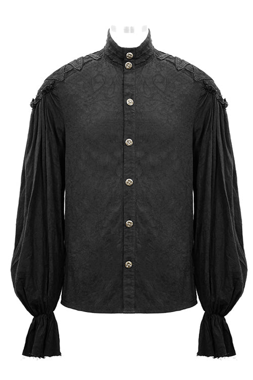 Black Straight Collar Puff Sleeve  Jacquard Mens Punk Blouse