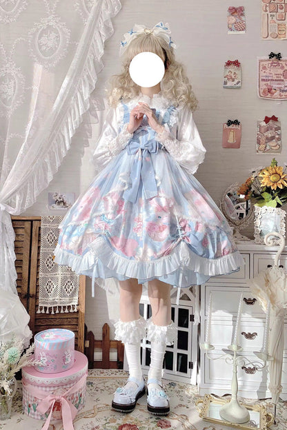 Blue Sleeveless High Waisted Rabbit Print Ruffle Bowknot Sweet Lolita Jsk Dress